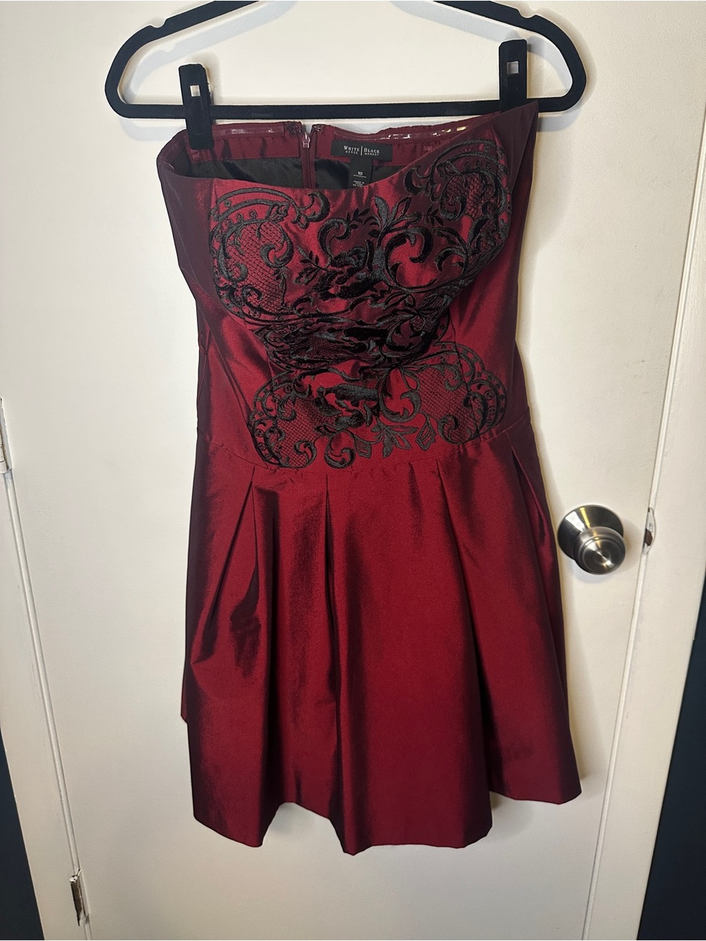 White House Black Market Strapless Wine Dress with Black Embroidery